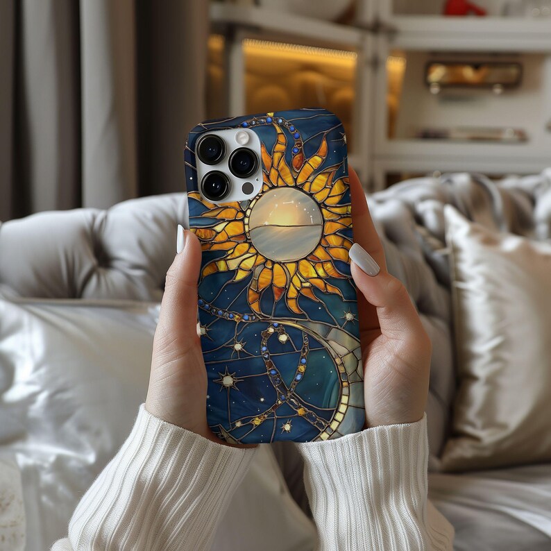 天体ステンドグラス スマホケース、星空模様 月 星 3D フェイクステンドカバー、iPhone 16/15/14/13/12、Galaxy S23/S22 画像 3