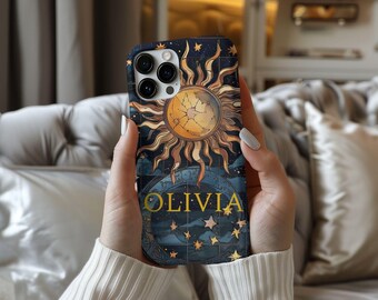 Celestial Moon and Stars Custom Stained Glass Tough Galaxy Phone Case for Samsung Phone Cover for iPhone 16 15 14 13 12 11 iPhone 16 Case