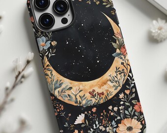 Könnte beinhalten: Eine schwarze Handyhülle mit einem Halbmond und einem floralen Design. Der Mond ist gelb und die Blumen sind in den Farben Rosa, Orange und Grün gehalten.