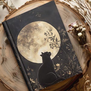 Op de afbeelding: Een zwart notitieboek met een katten silhouet dat naar de volle maan kijkt. De cover heeft een gedetailleerde illustratie met bloemen en botanische elementen in zwart, beige en goud. Het notitieboek ligt op een houten oppervlak.
