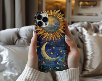 Celestial Moon and Stars Mystical Stained Glass Tough Galaxy Phone Case for Samsung Phone Cover for iPhone 16 15 14 13 12 11 iPhone 16Case