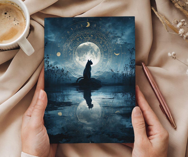 May include: A dark blue art print featuring a black cat silhouette perched on a rock, reflecting in the water. The background includes a full moon, celestial symbols, and a night sky. The print is held by hands.