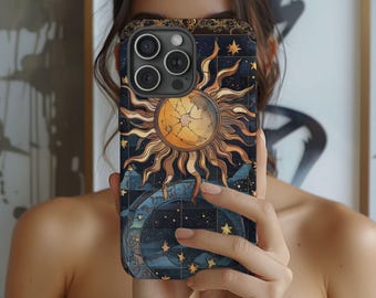 Celestial Moon and Stars Mystical Stained Glass Tough Phone Case for Samsung Phone Cover for iPhone 16 15 14 13 12 11 iPhone 16Case