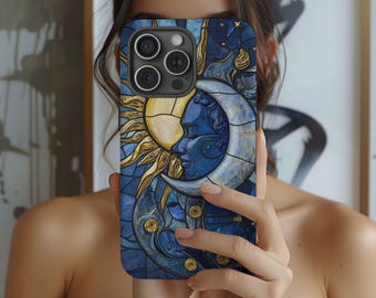Celestial Moon and Stars Mystical Stained Glass Tough Phone Case for Samsung Phone Cover for iPhone 16 15 14 13 12 11 iPhone 16Case