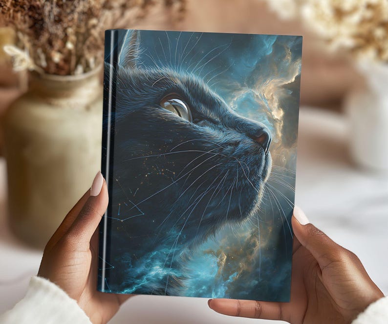 May include: A hardback journal with a detailed illustration of a black cat's face against a backdrop of swirling blue and gold clouds. The cat's eye is bright, and whiskers are visible. The journal is held in hands.