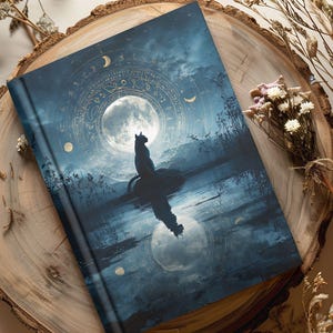 May include: A hardcover journal with a celestial design. The cover features a black cat silhouette in front of a full moon, with a starry night sky and astrological symbols. The journal is resting on a wooden surface.