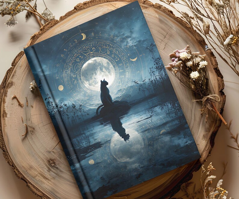May include: A hardcover journal with a celestial design. The cover features a black cat silhouette in front of a full moon, with a starry night sky and astrological symbols. The journal is resting on a wooden surface.