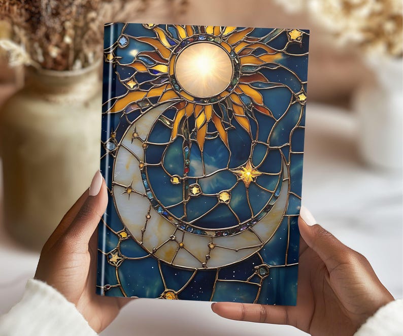 Celestial Boho Lunar Space Journal Notebook Gift For Her, Hardcover Witchy Moon and Sun Stained Glass Night Sky Lined Women's Dreams Diary 4