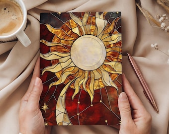 Celestial Boho Lunar Space Journal Notebook Gift For Her Hardcover Witchy Moon and Sun Stained Glass Night Sky Lined Women's Dreams Diary 15