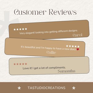 May include: A graphic featuring customer reviews on tan-colored rectangular cards with white text and star ratings. The text includes phrases like "Very elegant!" and "Love it!" The business name "TASTUDIOCREATIONS" is at the bottom.
