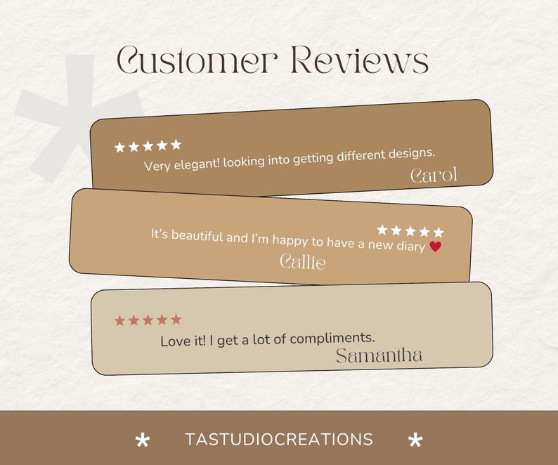 May include: A graphic featuring customer reviews on tan-colored rectangular cards with white text and star ratings. The text includes phrases like "Very elegant!" and "Love it!" The business name "TASTUDIOCREATIONS" is at the bottom.