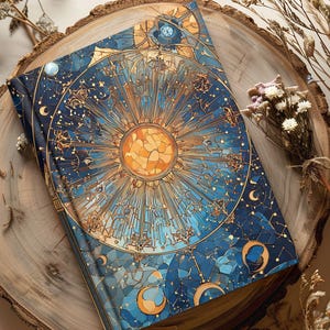 May include: A hardback journal with a celestial design. The cover features a detailed illustration of a sunburst, constellations, and crescent moons in shades of blue, gold, and orange. The journal is resting on a wooden surface.