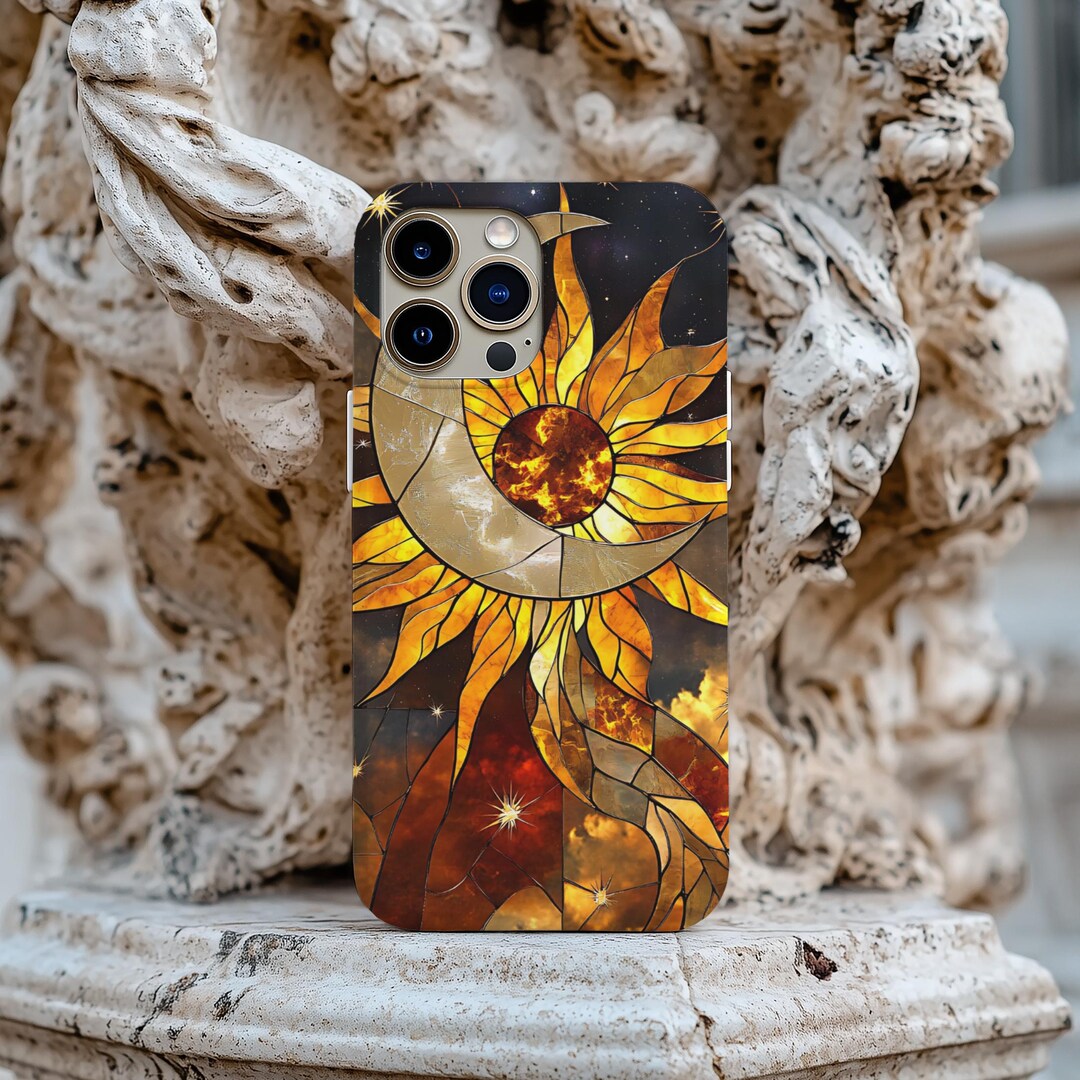 Celestial Starry Night Sky Phone Case, 3D Faux Stained Glass Sun Moon ...