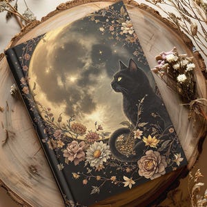 May include: A black journal with a full moon and a black cat illustration. The cover is decorated with floral elements in shades of beige, brown, and gold. The journal is resting on a wooden surface.