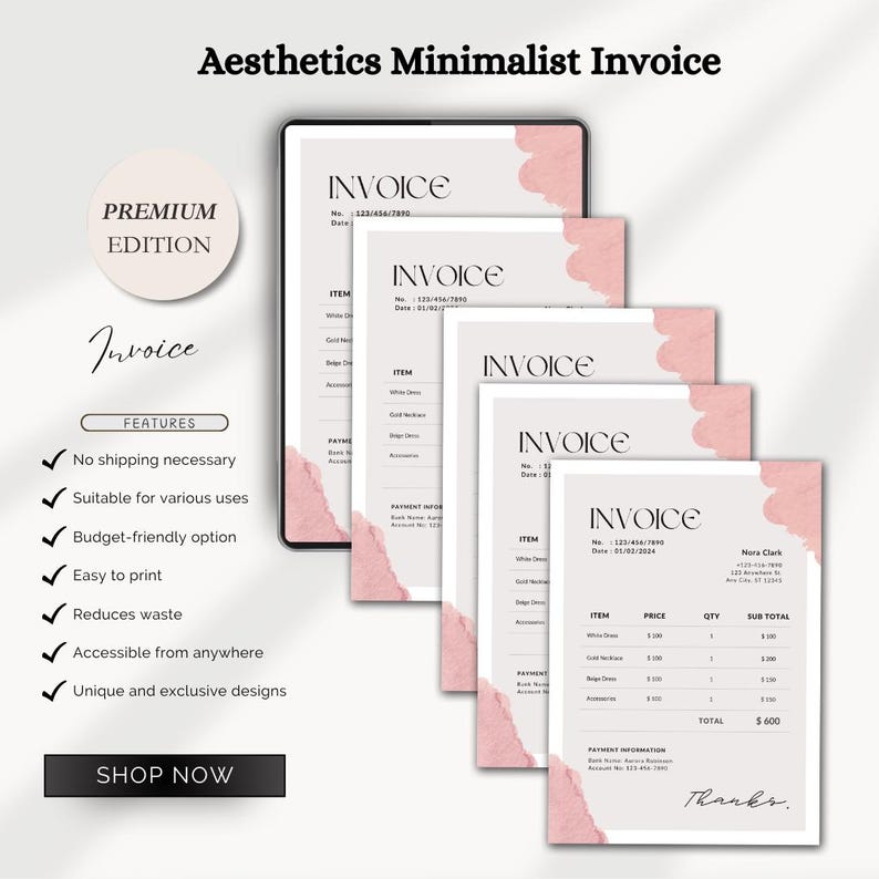 May include: Aesthetics Minimalist Invoice design. The image shows a stack of invoices with a minimalist design. The invoices have a light gray background with pink watercolor accents. The text includes "Invoice", item details, and a "Shop Now" button.