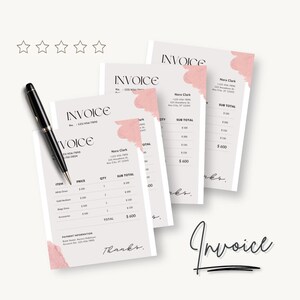 May include: A stack of invoices with a pink watercolor design and the word "Invoice" in a stylish font. A black pen rests on the top invoice. The invoices include itemized lists and a "Thanks" message.