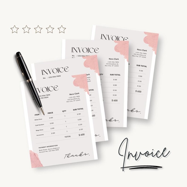 May include: A stack of invoices with a pink watercolor design and the word "Invoice" in a stylish font. A black pen rests on the top invoice. The invoices include itemized lists and a "Thanks" message.