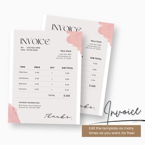 May include: Two invoices with a soft pink watercolor design. The invoices include itemized lists with prices and totals. The text "Invoice" is at the top, and the bottom reads "Thanks."