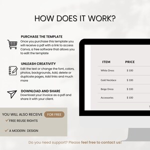 May include: A digital template titled "HOW DOES IT WORK?" with instructions on purchasing, editing, and downloading. The template includes a list of items and prices, such as a white dress, gold necklace, beige dress, and accessories.