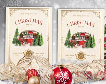 Vintage Christmas Party Invitation Beige Green, Rustic Holiday Invite, Festive Celebration Card, Winter Event Decor