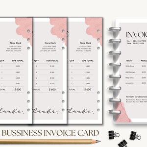 May include: Business invoice card with three invoice sheets and a separate invoice sheet. The invoices have a pink watercolor design and include itemized costs. The text on the invoices includes the business name, contact information, and a total of $600.