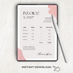 May include: A digital invoice displayed on a tablet, featuring a minimalist design with a soft pink watercolor accent. The invoice includes itemized costs for a white dress, gold necklace, beige dress, and accessories. The text "INSTANT DOWNLOAD" is at the bottom.