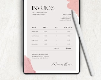 Factura de moda con acuarela para imprimir, plantilla de factura, recibo comercial, factura elegante, diseño de factura, plantilla de factura comercial