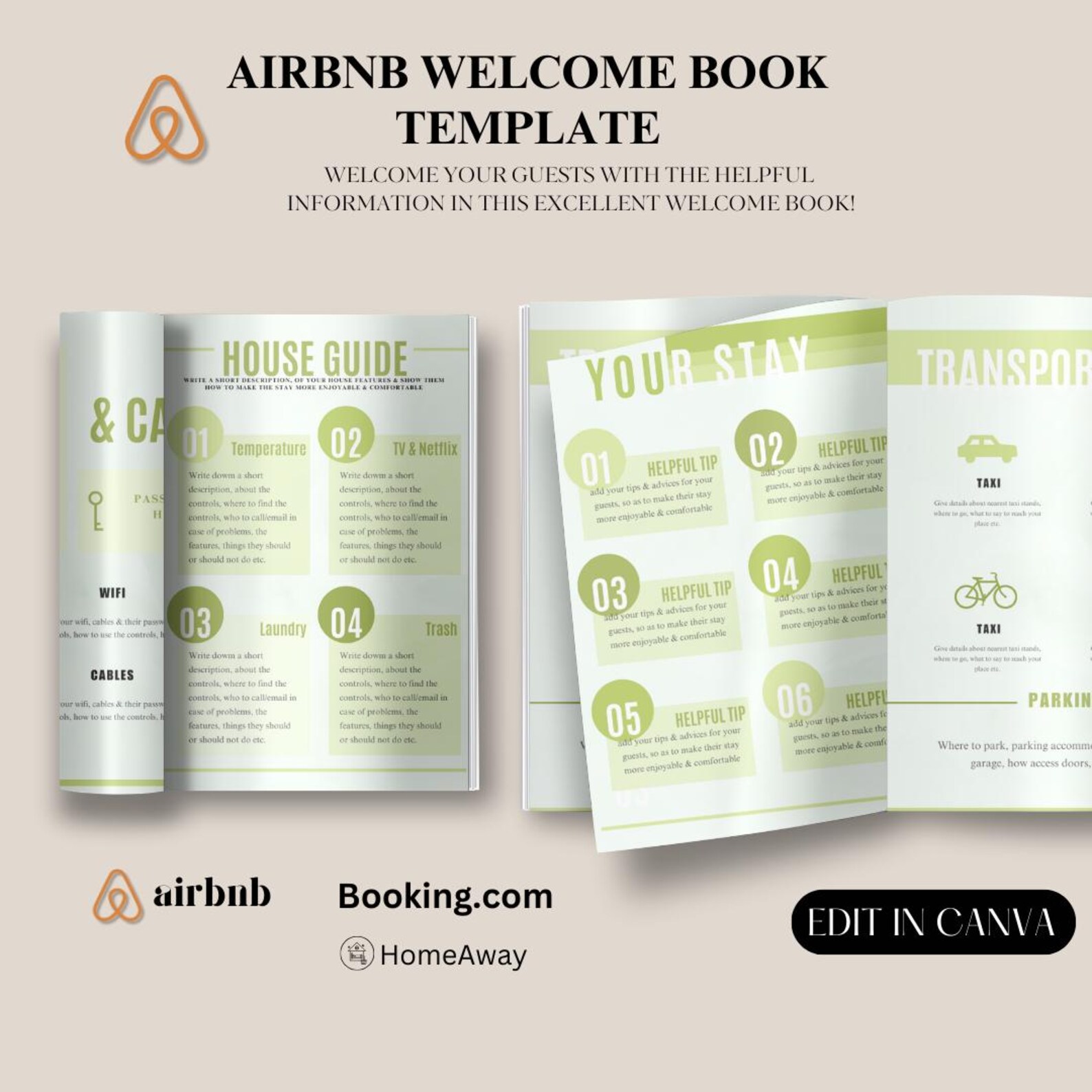Green Airbnb Welcome Packet, Guest Information Binder, House Rules Book ...