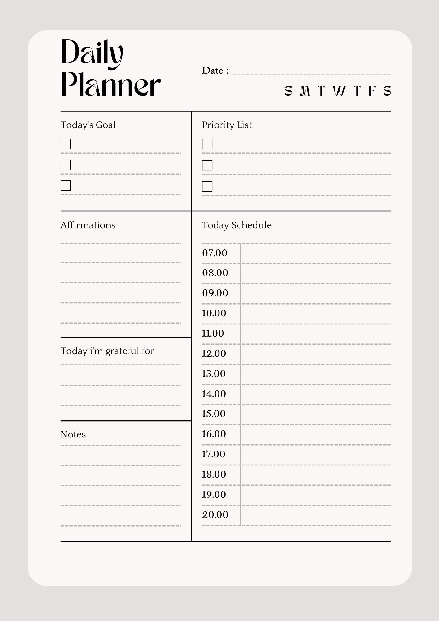 One page daily planner digital download schedule your day etsy