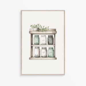 Op de afbeelding: Een houten plank met zes glazen potten gevuld met gedroogde kruiden en specerijen. De potten zijn met de hand beschreven en zijn gerangschikt in twee rijen van drie. Een kleine kom met groene, bladerige kruiden staat op de bovenste plank.