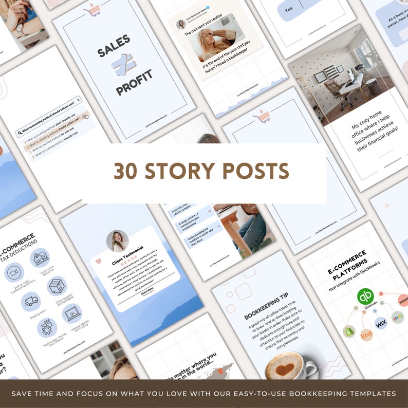 Pode incluir: Uma cole&ccedil;&atilde;o de 30 modelos de postagens de hist&oacute;rias do Instagram para empresas de contabilidade e com&eacute;rcio eletr&ocirc;nico. Os modelos apresentam um esquema de cores azul claro e branco com &iacute;cones e texto. O texto inclui "Vendas vs Lucro", "Dedu&ccedil;&otilde;es fiscais para o com&eacute;rcio eletr&ocirc;nico", "Dica de contabilidade" e "Plataformas de com&eacute;rcio eletr&ocirc;nico".