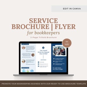 May include: A laptop displays a service brochure template for bookkeepers. The brochure is a 2-page trifold design with a blue and white color scheme. Text includes "Service Brochure | Flyer for bookkeepers" and "Your Trusted Partner for Financial Peace of Mind!"