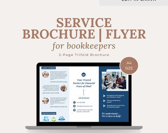 May include: A laptop displays a service brochure template for bookkeepers. The brochure is a 2-page trifold design with a blue and white color scheme. Text includes "Service Brochure | Flyer for bookkeepers" and "Your Trusted Partner for Financial Peace of Mind!"
