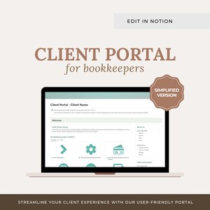 Puede incluir: Una pantalla de computadora portátil que muestra un portal de clientes para contables. La pantalla muestra un mensaje de bienvenida, una sección para cronogramas de proyectos de contabilidad y una sección sobre el negocio. El título de la página es "Portal de clientes - Nombre del cliente". La versión simplificada del portal se destaca en un círculo marrón.