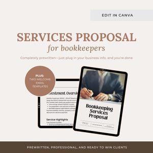 May include: A digital services proposal template for bookkeepers, with the text "Services Proposal for bookkeepers." The image shows a tablet displaying the proposal and a second screen with email templates. The design is professional and ready to win clients.