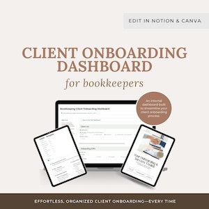 Puede incluir: Imagen de marketing digital que presenta una computadora portátil y dos tabletas que muestran un panel de control de incorporación de clientes para contables. El texto incluye "Client Onboarding Dashboard" y "Effortless, Organized Client Onboarding - Every Time."