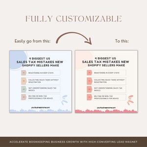 Pode incluir: Um gr&aacute;fico azul claro e rosa com o texto "4 Biggest US Sales Tax Mistakes New Shopify Sellers Make" e uma lista de quatro erros. O gr&aacute;fico foi projetado para ser personaliz&aacute;vel.