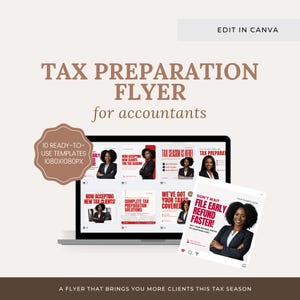 Pode incluir: Imagem de marketing digital para serviços de preparação de impostos. A imagem apresenta um laptop exibindo vários modelos de folhetos, com o texto "TAX PREPARATION FLYER for accountants". O texto adicional inclui "10 READY-TO-USE TEMPLATES 1080X1080PX."