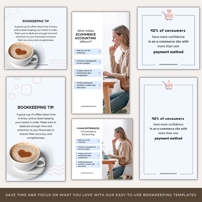 Pode incluir: Quatro cart&otilde;es infogr&aacute;ficos coloridos com dicas para contabilidade e contabilidade de com&eacute;rcio eletr&ocirc;nico. Os cart&otilde;es apresentam uma x&iacute;cara de caf&eacute;, uma mulher trabalhando em um laptop e um &iacute;cone de carrinho de compras. O texto nos cart&otilde;es inclui "Dica de contabilidade", "O que torna a contabilidade de com&eacute;rcio eletr&ocirc;nico diferente?", "4 principais diferen&ccedil;as na contabilidade de com&eacute;rcio eletr&ocirc;nico" e "42% dos consumidores t&ecirc;m mais confian&ccedil;a em um site de com&eacute;rcio eletr&ocirc;nico com mais de um m&eacute;todo de pagamento".