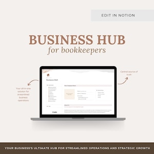 Peut inclure: Un ordinateur portable affiche une interface de site web intitulée "Business Hub for bookkeepers". L'interface comprend des sections pour les détails de l'entreprise et une section "À propos de nous". Le texte à l'écran indique "Votre solution tout-en-un pour des opérations commerciales simplifiées."