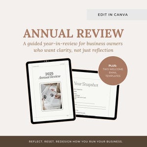 Könnte beinhalten: Ein digitales Produkt-Mockup mit zwei Tablets mit dem Text "ANNUAL REVIEW" und "2025 Annual Review". Das Bild enthält den Text "A guided year-in-review for business owners who want clarity, not just reflection."