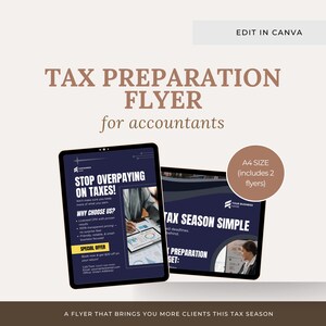 Pode incluir: Um folheto de preparação fiscal para contabilistas, com dois tablets digitais com o texto "STOP OVERPAYING ON TAXES!" e "TAX SEASON SIMPLE". O folheto inclui uma oferta especial e é tamanho A4.