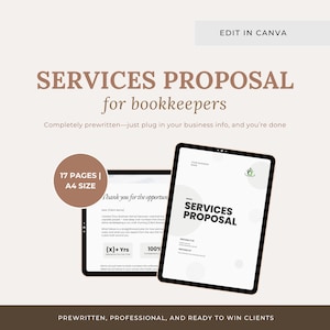 Pode incluir: Um modelo de proposta de serviços para contabilistas com 17 páginas em tamanho A4. O documento inclui texto pré-escrito, espaços reservados para informações comerciais e um layout limpo. O texto diz SERVICES PROPOSAL for bookkeepers.