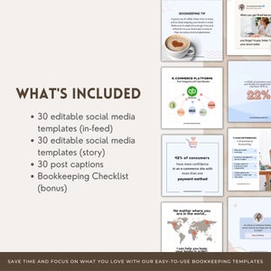 Pode incluir: Um gr&aacute;fico com o texto "WHAT'S INCLUDED" e uma lista de itens inclu&iacute;dos em um pacote de modelos de contabilidade. Os itens incluem 30 modelos de m&iacute;dia social edit&aacute;veis (no feed), 30 modelos de m&iacute;dia social edit&aacute;veis (hist&oacute;ria), 30 legendas de postagem e uma lista de verifica&ccedil;&atilde;o de contabilidade (b&ocirc;nus).