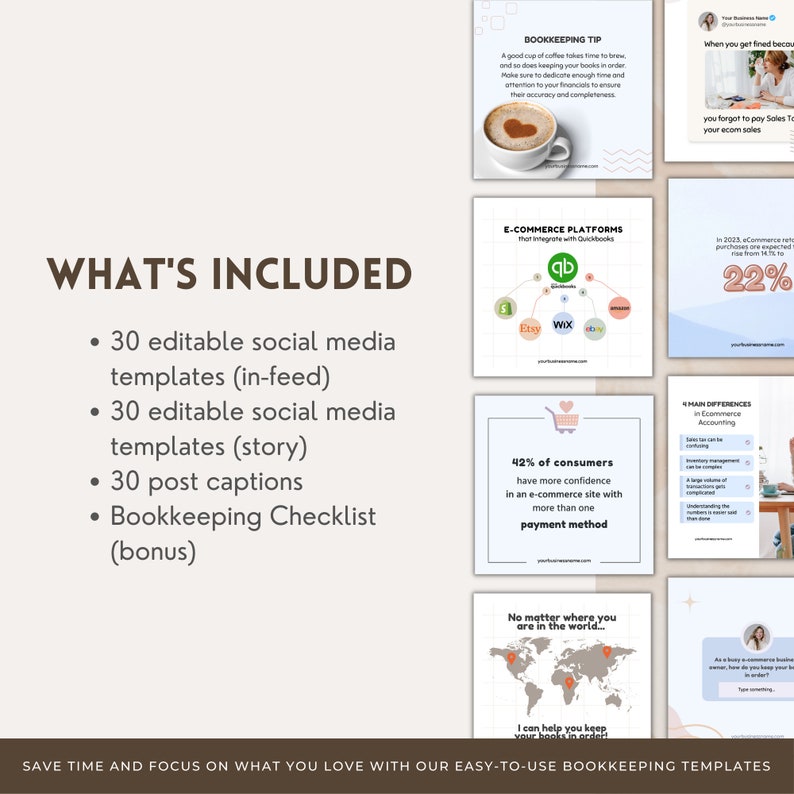 Pode incluir: Um gr&aacute;fico com o texto "WHAT'S INCLUDED" e uma lista de itens inclu&iacute;dos em um pacote de modelos de contabilidade. Os itens incluem 30 modelos de m&iacute;dia social edit&aacute;veis (no feed), 30 modelos de m&iacute;dia social edit&aacute;veis (hist&oacute;ria), 30 legendas de postagem e uma lista de verifica&ccedil;&atilde;o de contabilidade (b&ocirc;nus).