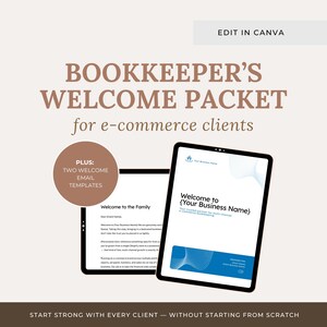 Pode incluir: Um pacote de boas-vindas digital para contabilistas de e-commerce exibido em duas telas de tablet. O texto diz BOOKKEEPER'S WELCOME PACKET for e-commerce clients, PLUS: TWO WELCOME EMAIL TEMPLATES, e START STRONG WITH EVERY CLIENT — WITHOUT STARTING FROM SCRATCH.