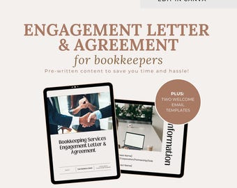 Könnte beinhalten: Digitales Marketing-Bild mit einem Tablet und einem Laptop. Das Tablet zeigt ein Engagement Letter & Agreement für Buchhaltungsdienstleistungen. Der Text "Engagement Letter & Agreement for bookkeepers" ist enthalten.