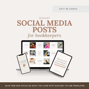 Plantillas para redes sociales de August Bookkeeper: Publicaciones en Canva (Descarga digital)