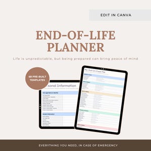 May include: An end-of-life planner digital template set featuring 68 pre-built templates displayed on two tablet screens. The text reads EDIT IN CANVA, END-OF-LIFE PLANNER, Life is unpredictable, but being prepared can bring peace of mind, and EVERYTHING YOU NEED, IN CASE OF EMERGENCY.