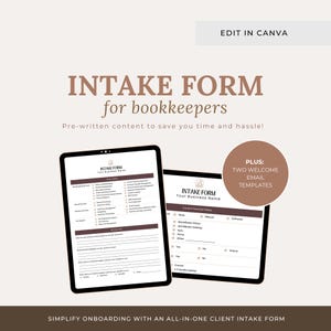 May include: A digital intake form template for bookkeepers, displayed on two tablets. The text reads "INTAKE FORM for bookkeepers" and "Simplify onboarding with an all-in-one client intake form."